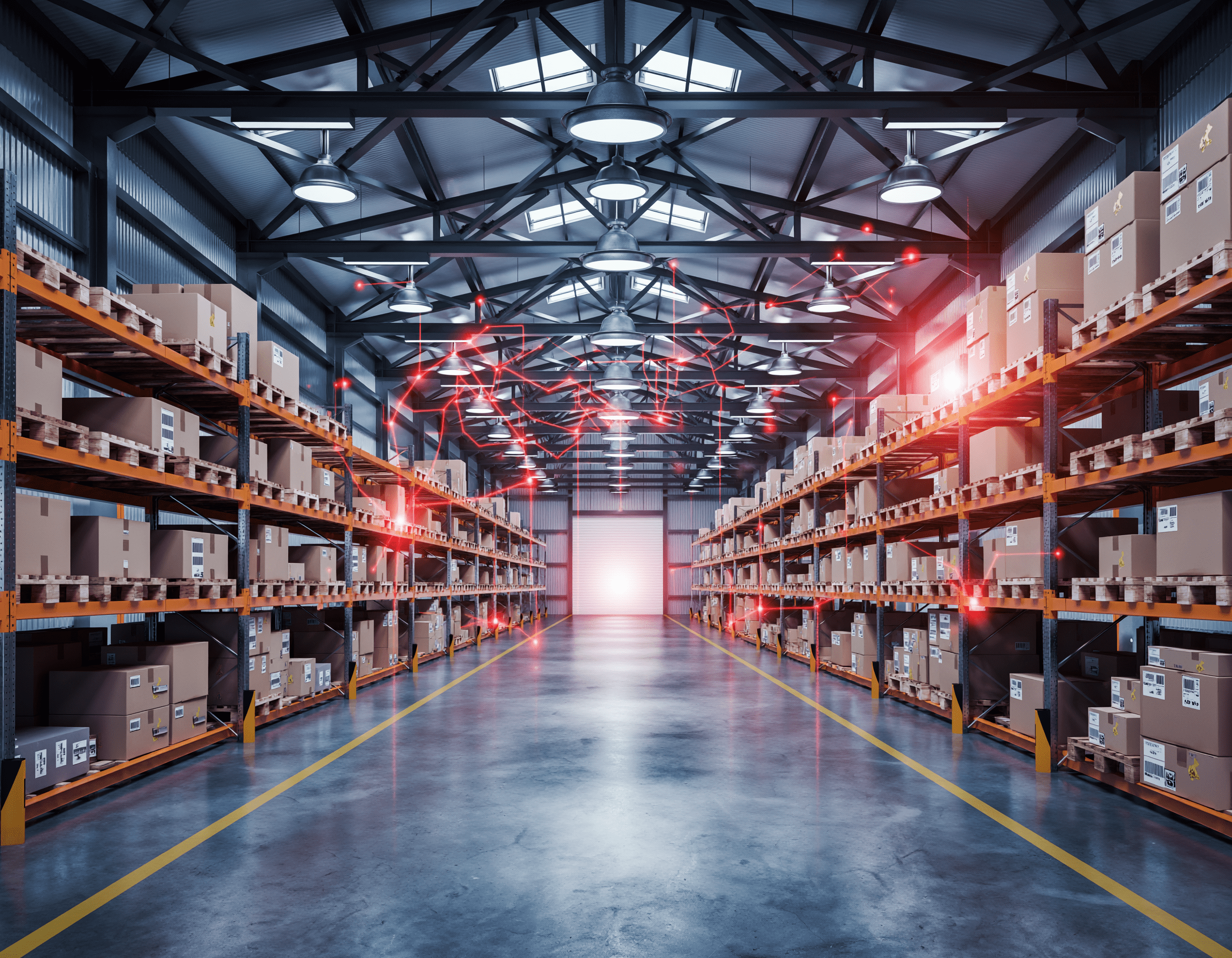 les zones vulnérables et sensible aux vols de marchandises dans un entrepôt en rouge