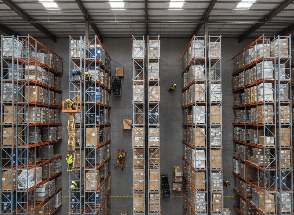 Maintenance de rayonnage metallique dans un dépot. vue aérienne smai