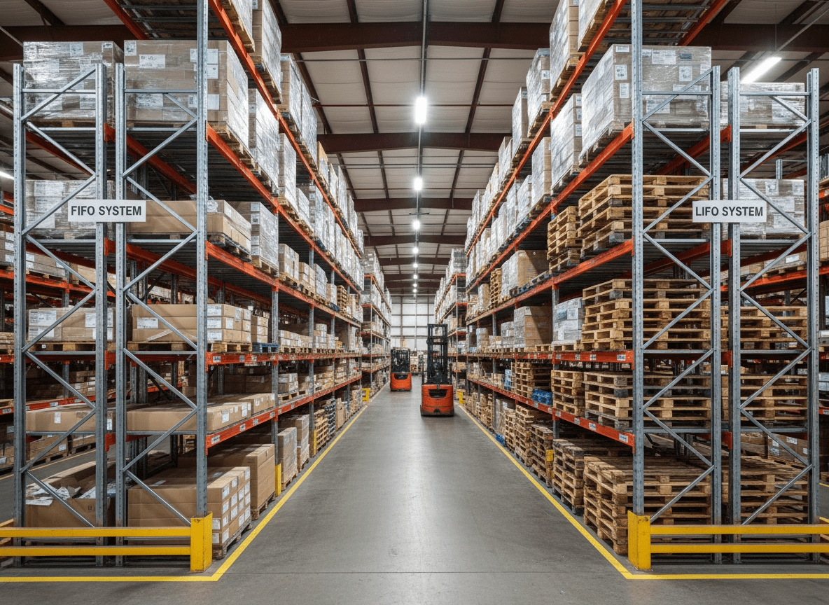 entrepot une grande allée de rayonnage métallique FIFO, LIFO smai