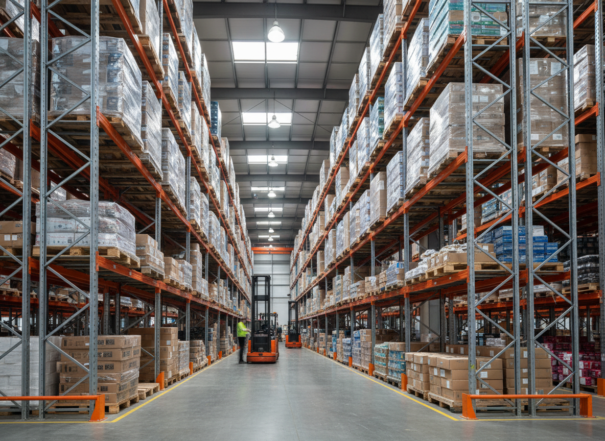 rayonnage hauteur de 12 mètres dans un entrepôt de stockage