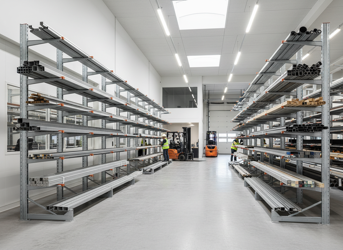 stockage de longueur sur un cantilever léger. dans un entrepot moderne et lumineux