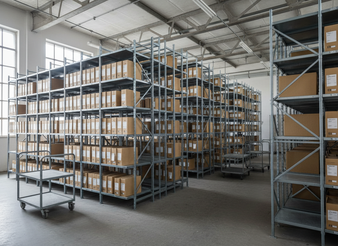 rayonnage d'archives industriel métallique dans une grande pièce. acier tubulaire smai