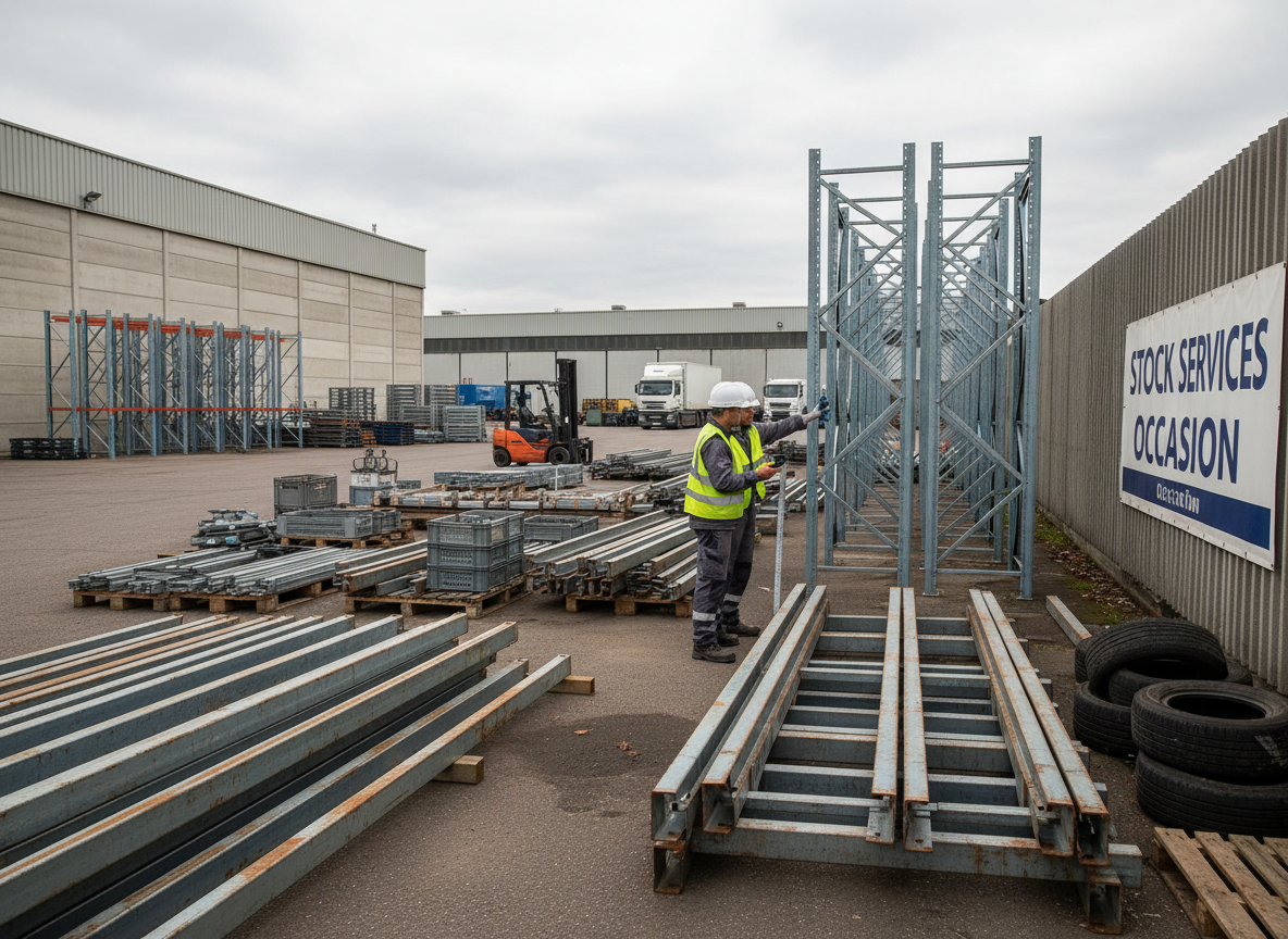 Audit de rayonnage d'occasion dans une cour extérieure de zone industrielle smai
