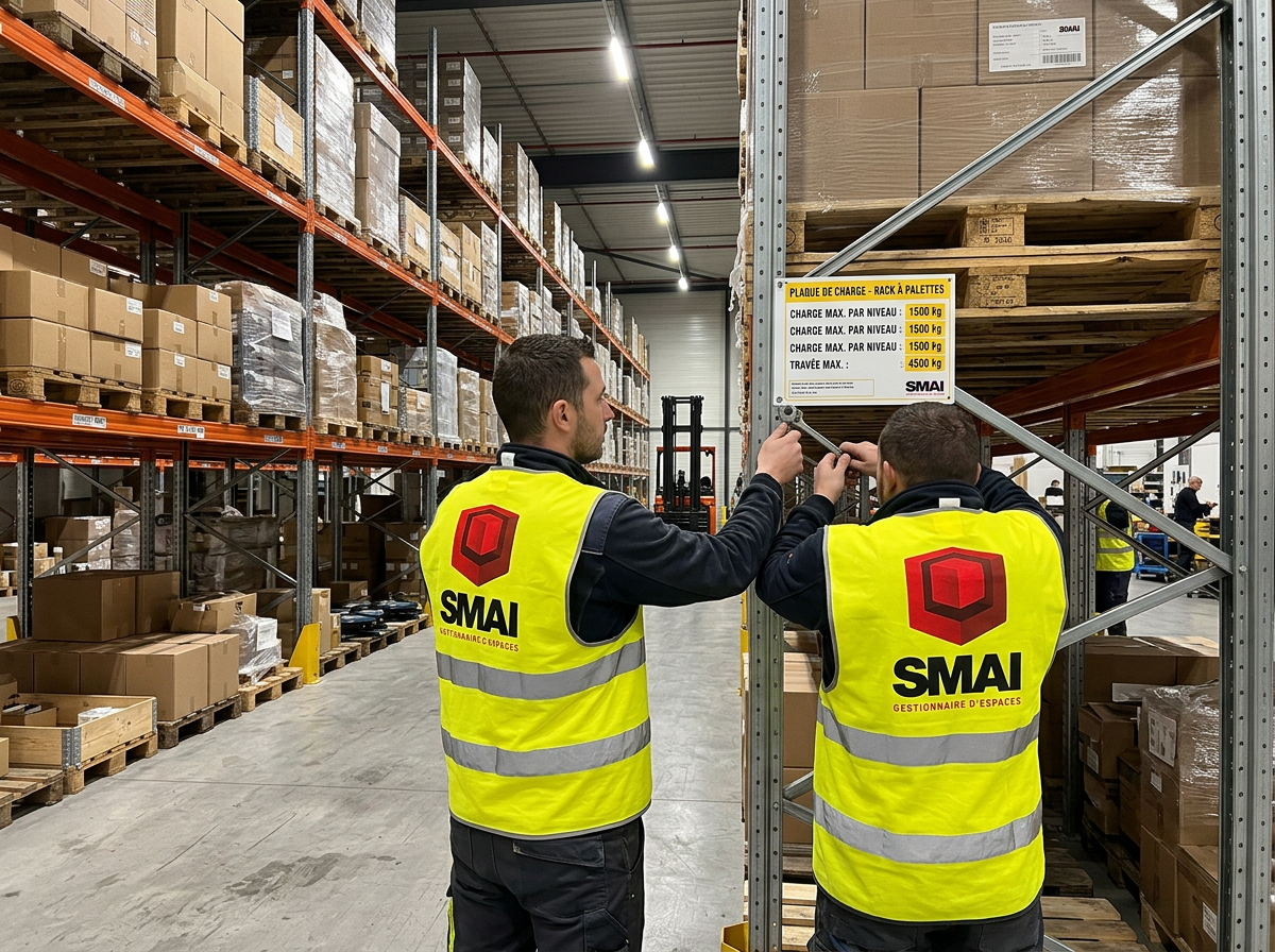 entrepot de stockage avec du rayonnage lourd, installation d'une plaque de charge smai