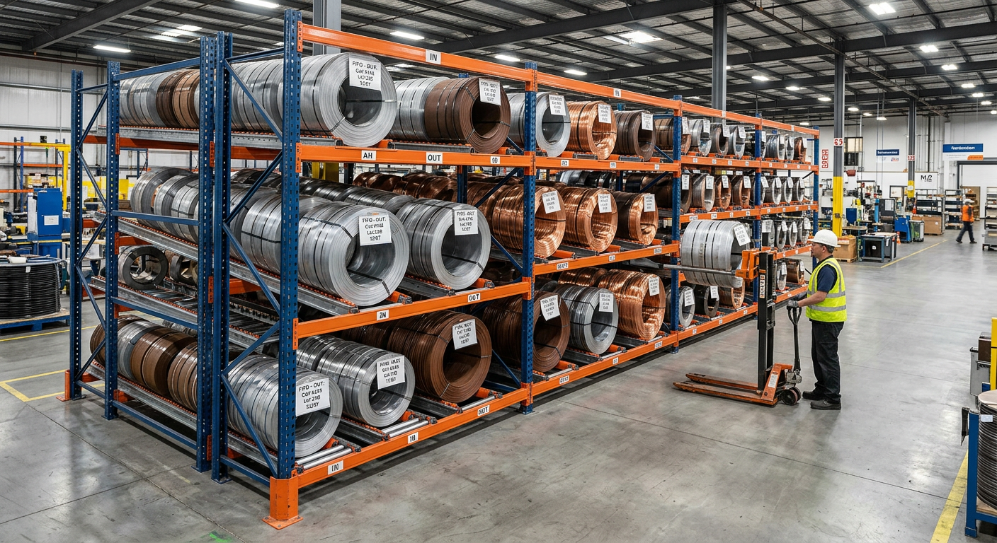 rayonnage parfaitement dimensionné avec des bobines stocké dessus en FIFO smai