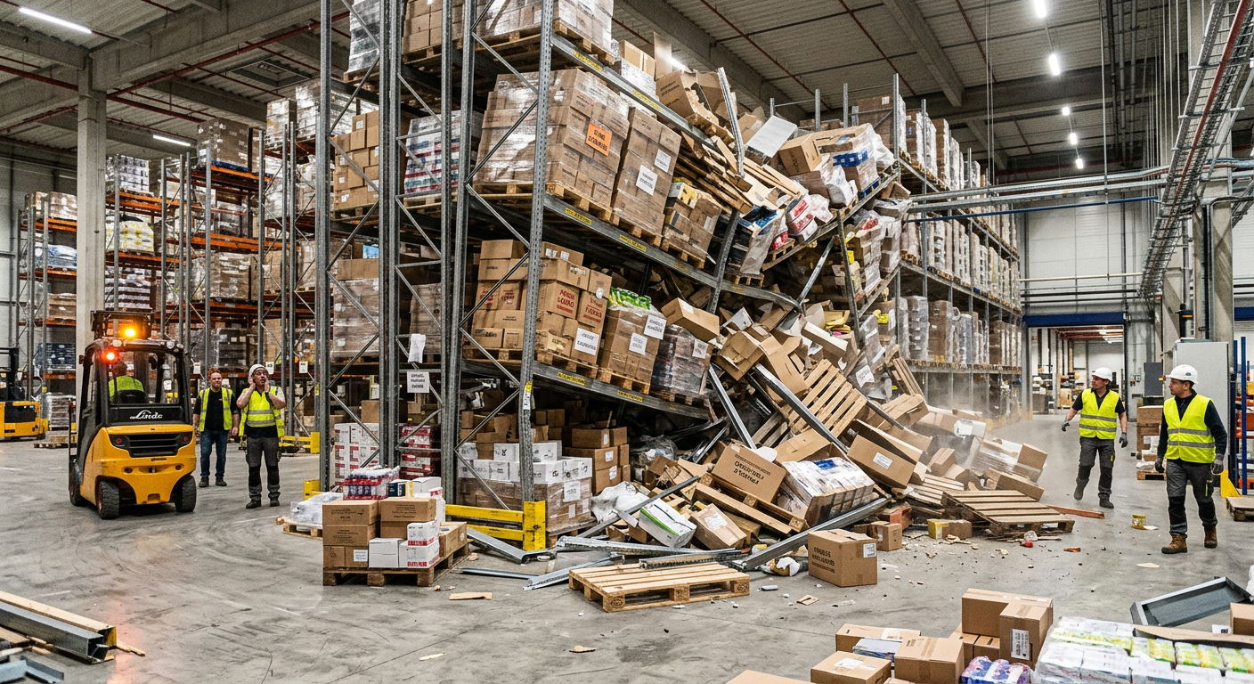 rayonnage s'effondre dans un entrepot car il est surchargé smai