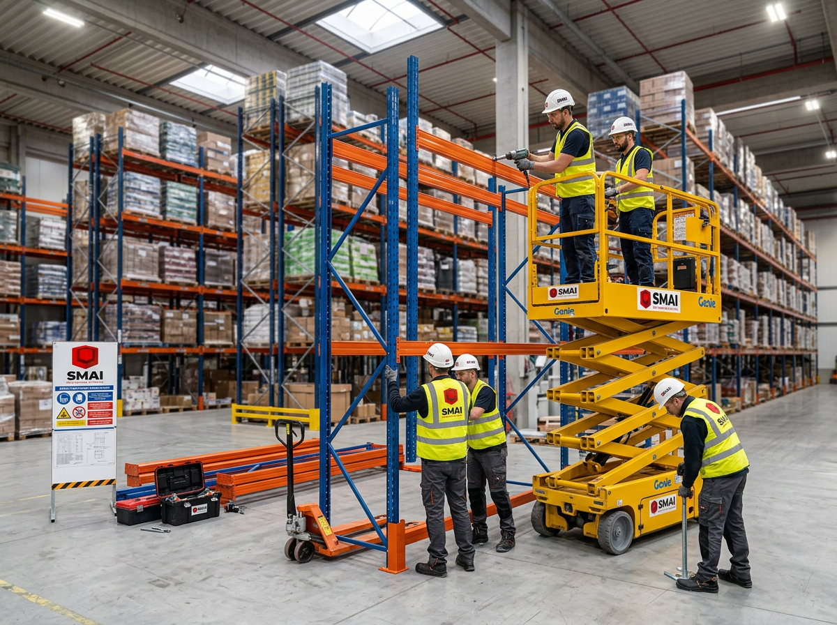 entrepot de stockage avec du rayonnage lourd, des monteurs sont en train de monter echelle smai